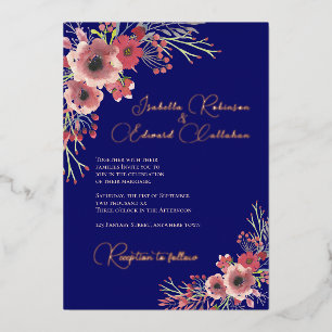 Elegant Coral Peony Floral Wreath Navy Wedding Folie Uitnodiging
