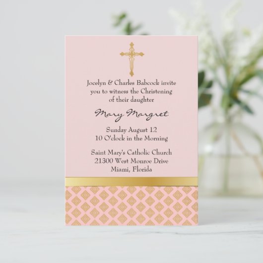 Elegant Coral Pink Baby Christening Uitnodiging (Staand voorkant)
