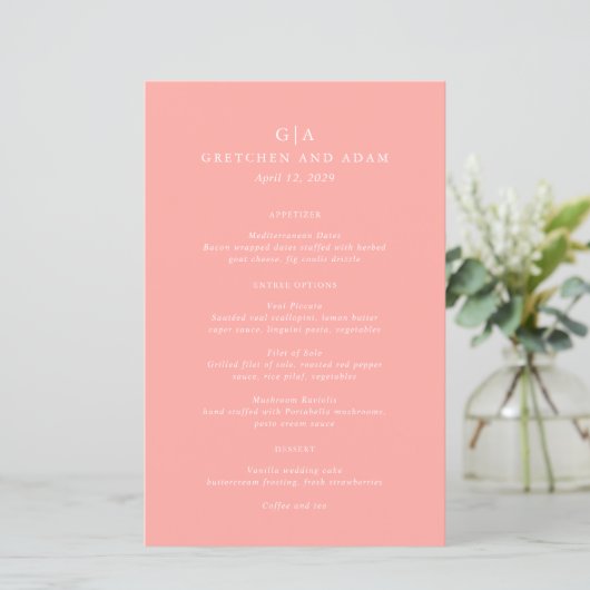 Elegant Coral Pink Modern Wedding Menu (Staand voorkant)