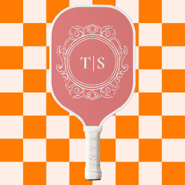 Elegant Coral Pink Ornate Monogram Pickleball Paddle
