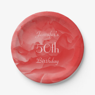 Elegant Coral Pink Rose 50th Birthday Papieren Bordje
