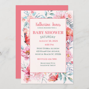 Elégant Coral rose Floral Baby shower Invitation