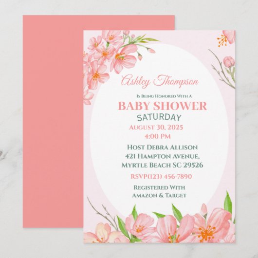Elégant Coral rose Floral Baby shower Invitation (Devant / Derrière)