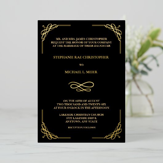 Elegant Corner Swirl Mariage photo Foil Invitation (Debout devant)