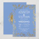 Elegant Cornflower Blue Gold Floral Wedding Kaart (Voorkant / Achterkant)