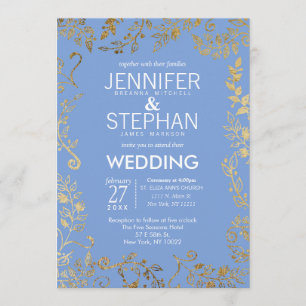 Elegant Cornflower Blue Gold Floral Wedding Kaart