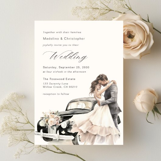 Elegant Couple Vintage Wedding Car Invitation