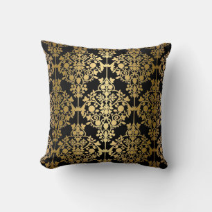 Élégant Coussin Black Gold Damask Floral