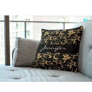 Élégant Coussin de Jeté en Damas Royal Noir et Or