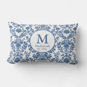 Élégant Coussin de Toile Bleue Monogramme Lumbar