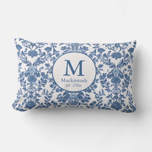 Élégant Coussin de Toile Bleue Monogramme Lumbar (Recto)