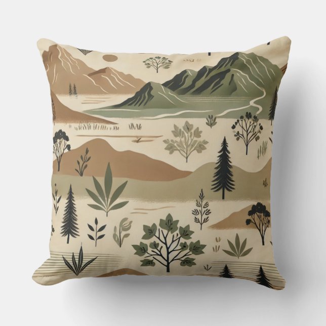 Elégant Coussin Paysage de Montagne - Tons Terrest (Recto)