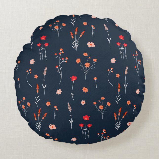 Élégant Coussin Rond Floral Navy (Devant)