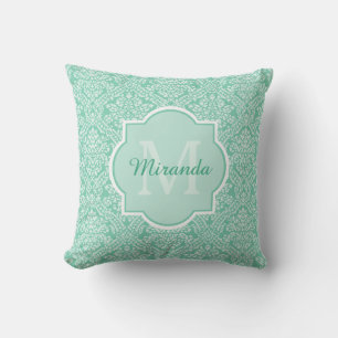 Élégant coussin vert menthe damassé avec monogramm