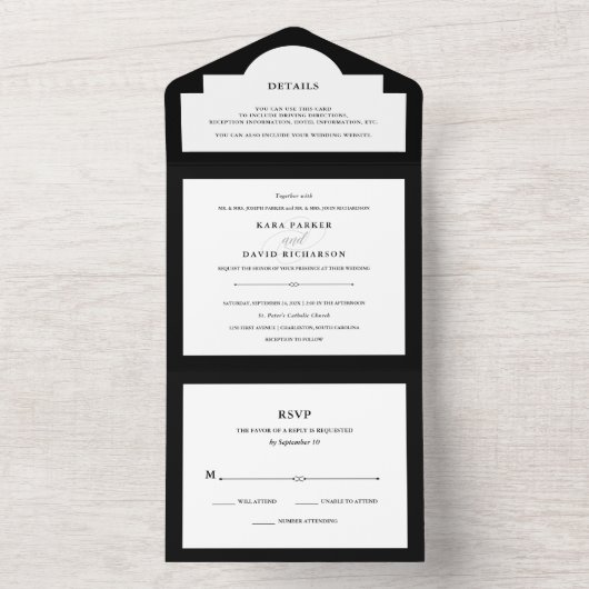 Elegant Couture | Zwarte en witte bruiloft All In One Uitnodiging (Binnen)