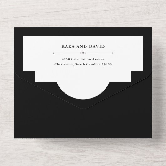 Elegant Couture | Zwarte en witte bruiloft All In One Uitnodiging (Achterkant)