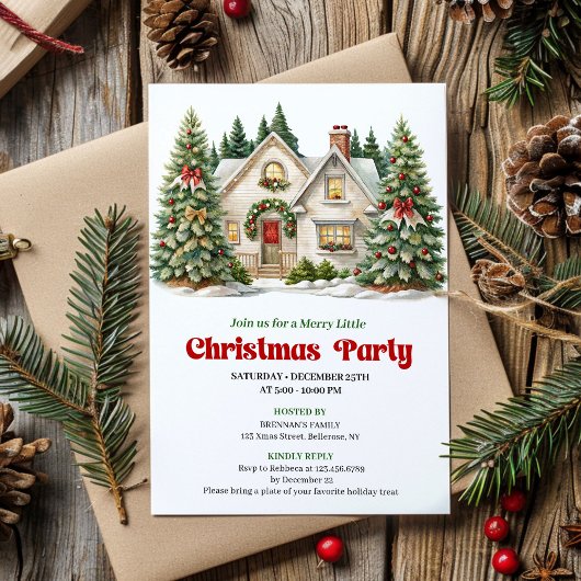 Elegant Cozy Christmas house invitation watercolor