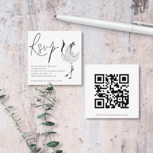 Elegant Crane Bird Script QR Code Weddenschap RSVP Informatiekaartje