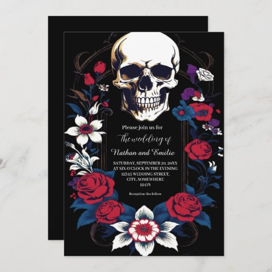 Elégant crâne gothique faire-part de mariage (Devant / Derrière)