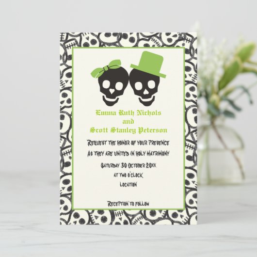 Elégant crâne Halloween faire-part de mariage vert (Debout devant)