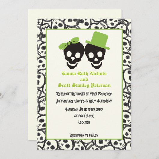 Elégant crâne Halloween faire-part de mariage vert (Devant / Derrière)