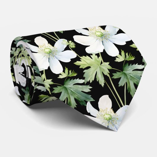 Élégant Cravate Fleur sauvage noir blanc (Roulé)