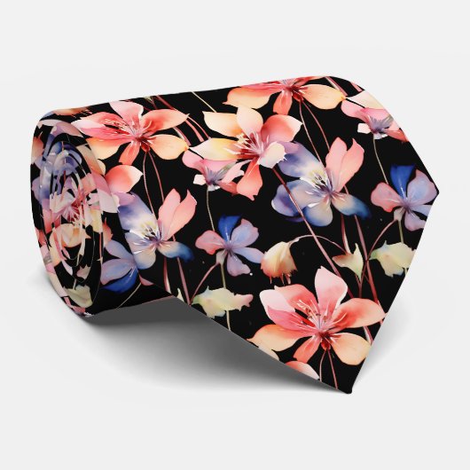 Élégant Cravate Fleur sauvage rouge noir (Roulé)