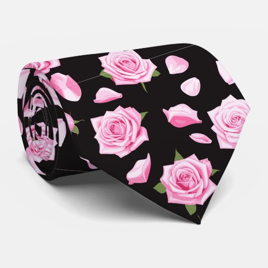 Élégant Cravate rose et blanc Roses (Roulé)