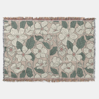 Elegant Cream Beige & Green Illustrated Floral  Deken