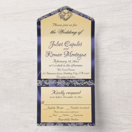 Elegant Cream, Blue Ribbon & Sparkle All In One Uitnodiging (Binnen)