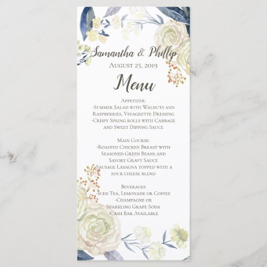 Elegant Cream Blue Waterverf Flower Menu (Voorkant)