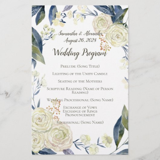 Elegant Cream Blue Waterverf Wedding Programme (Voorkant)