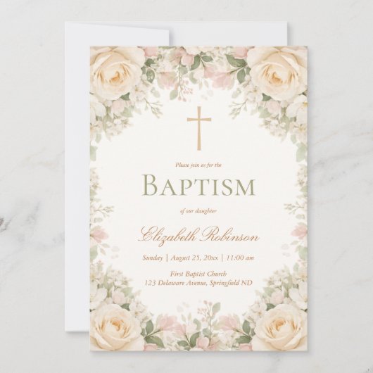Elegant Cream Rose Floral Cross Baptism Kaart (Voorkant)