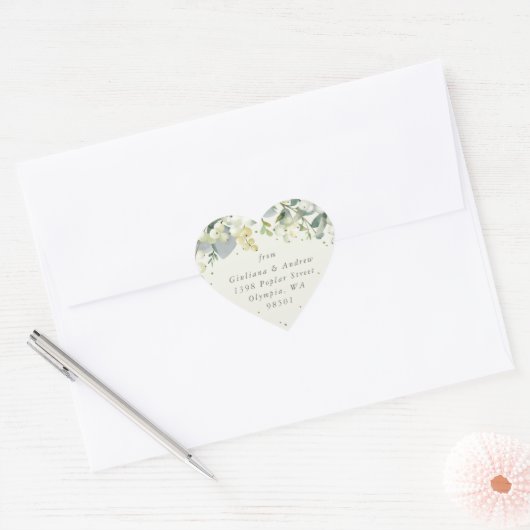 Elegant Cream Snowberry+Eucalyptus Adres Hart Sticker (Envelop)
