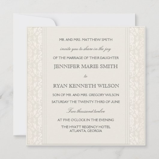 Elegant Creme Damask Wedding Invitation Kaart (Voorkant)