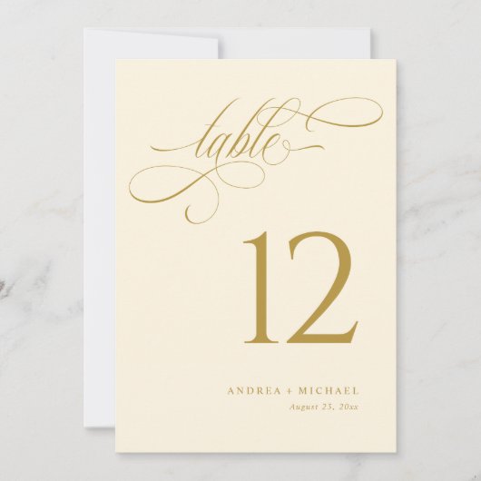 Elégant Crème Gold Script Mariage Numéros de table (Devant)