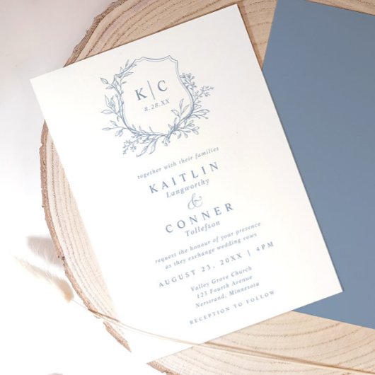 Elegant Crest Dusty Blue Classic Formal Wedding Kaart