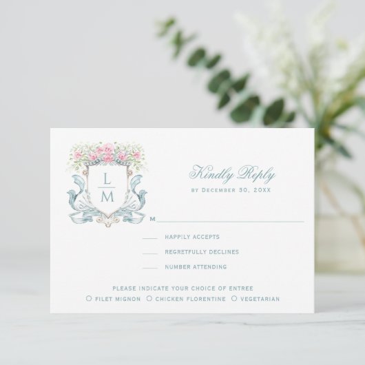 Elegant Crest met Rozen RSVP Response Kaart (Staand voorkant)