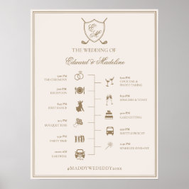 Elegant Crest Monogram Golf Weddenschap Tijdschema Poster