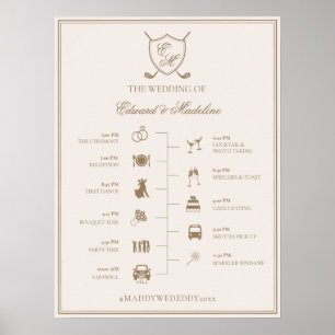 Elegant Crest Monogram Golf Weddenschap Tijdschema Poster