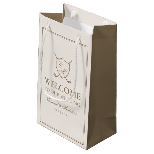 Elegant Crest Monogram Golf Wedding Welcome Bag Klein Cadeauzakje (Achterkant Gekanteld)