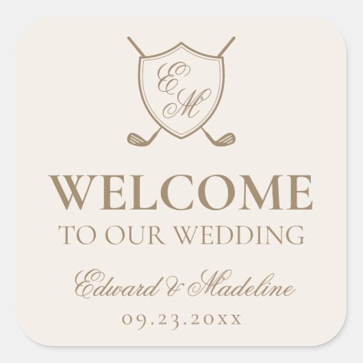 Elegant Crest Monogram Golf Wedding Welcome Bag Vierkante Sticker (Voorkant)