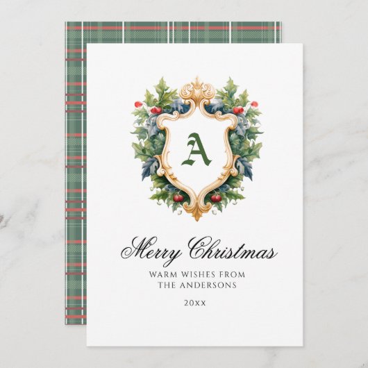 Elegant Crest Monogram Kerst Kaart (Voorkant / Achterkant)