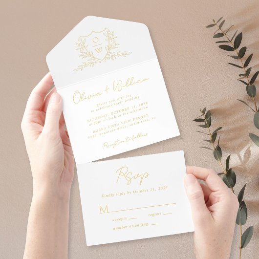 Elegant Crest Monogram Script Wedding All In One Uitnodiging