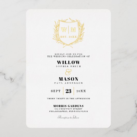 Elegant Crest Monogram Wedding Folie Uitnodiging (Voorkant)