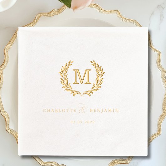 Elegant Crest Monogram Witte Huwelijk Folie Servetten