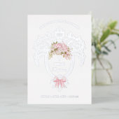 Elegant Crest Pink Bow Baptism Silver Folie Uitnodiging (Staand Voorkant)