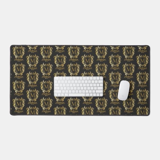Elegant Crested Monogram Naam Matte Zwart | Goud Bureaumat (Keyboard & Muis)