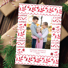 Elegant Crimson Folk Watercolor Christmas Photo Feestdagenkaart