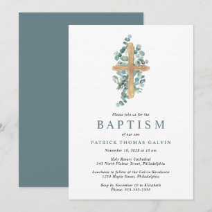 Elegant Cross Eucalyptus Greenery Baptisme Kaart